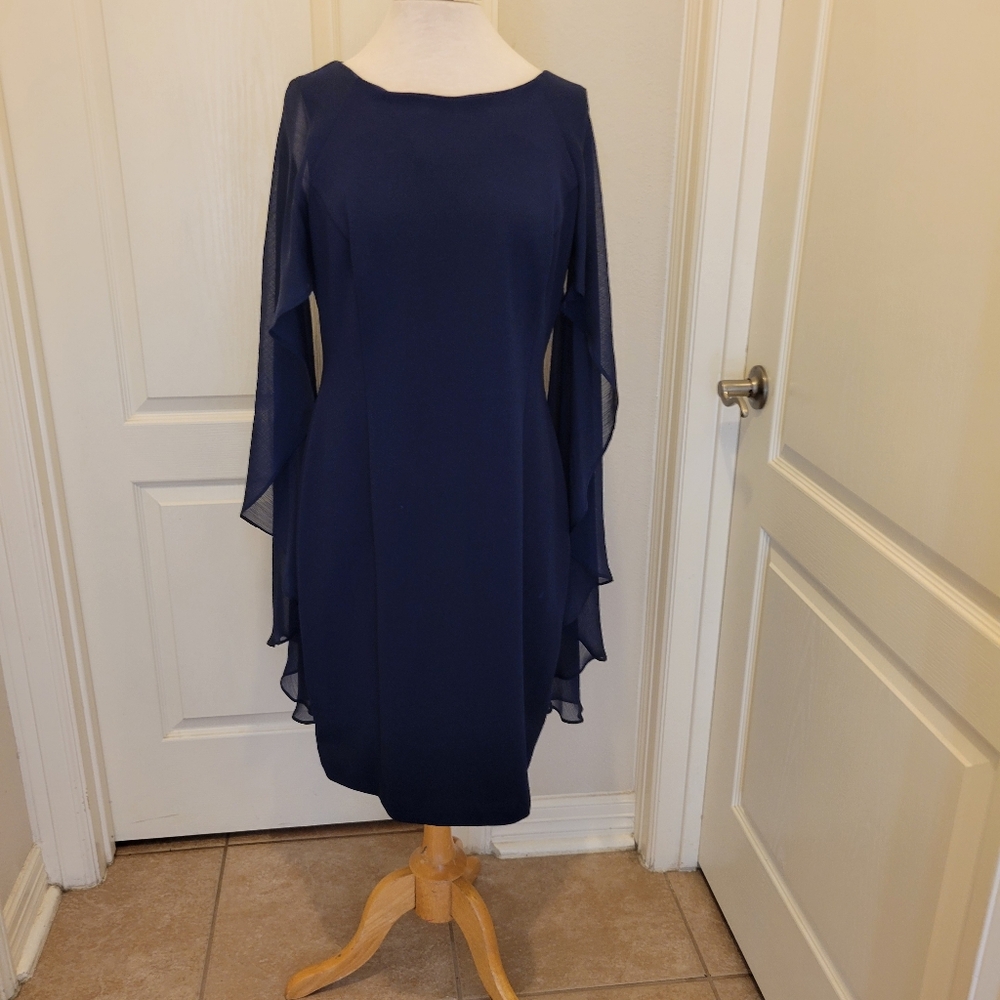 DKNY Navy Sheath Cocktail Dress With Faux Sheer Sleeves and Cape Ladies 12